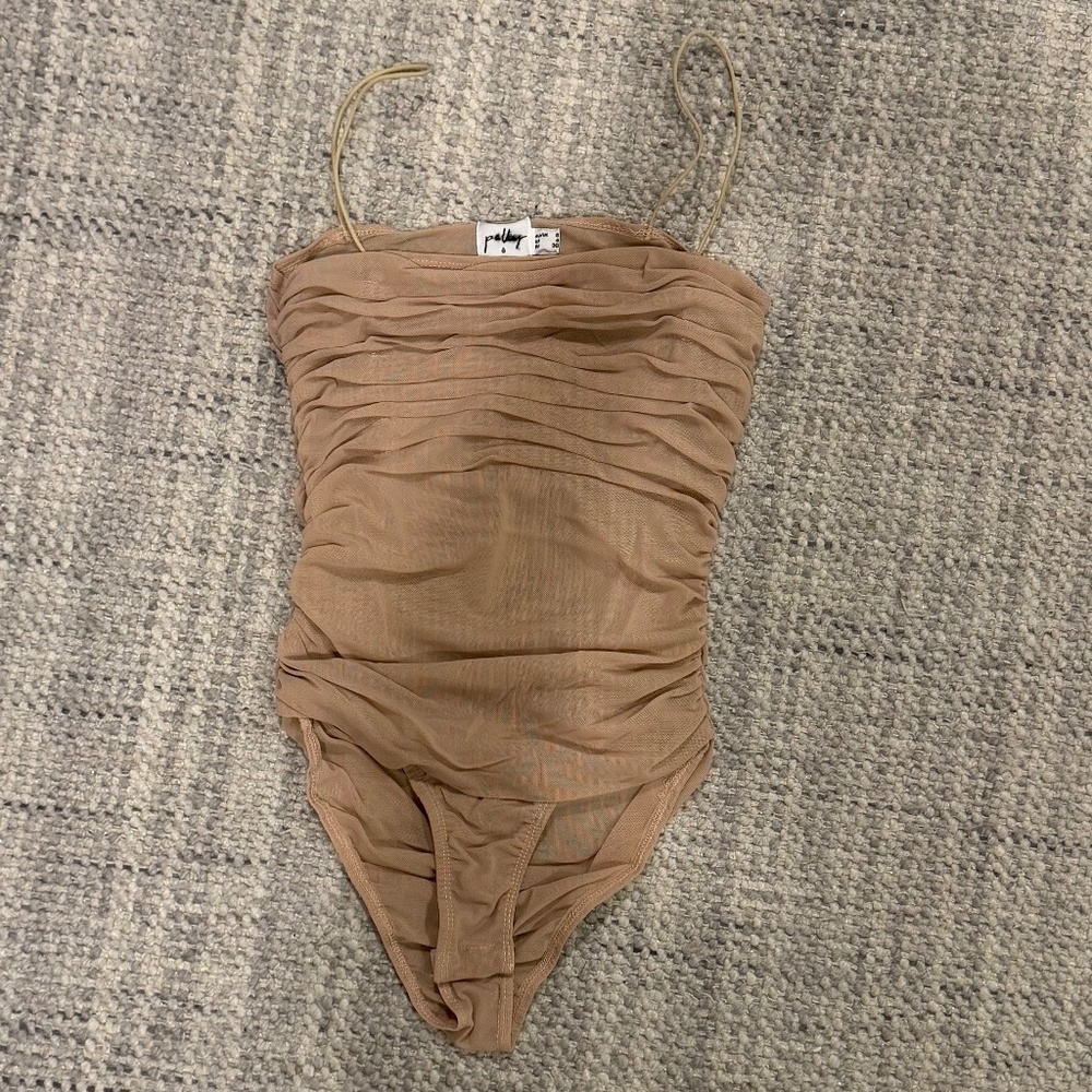 Polly Tan Mesh Spaghetti Strap Bodysuit Size 4
